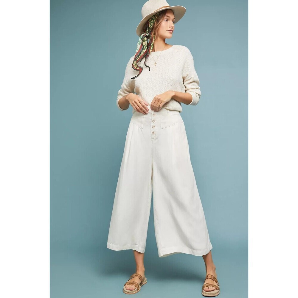 Anthropologie Cream Wide-Leg Cropped Pants